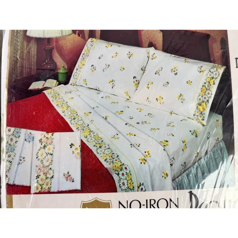 Pequot Maytime Twin Flat Fitted Sheets Blue Floral Daisy New Deadstock 1970s